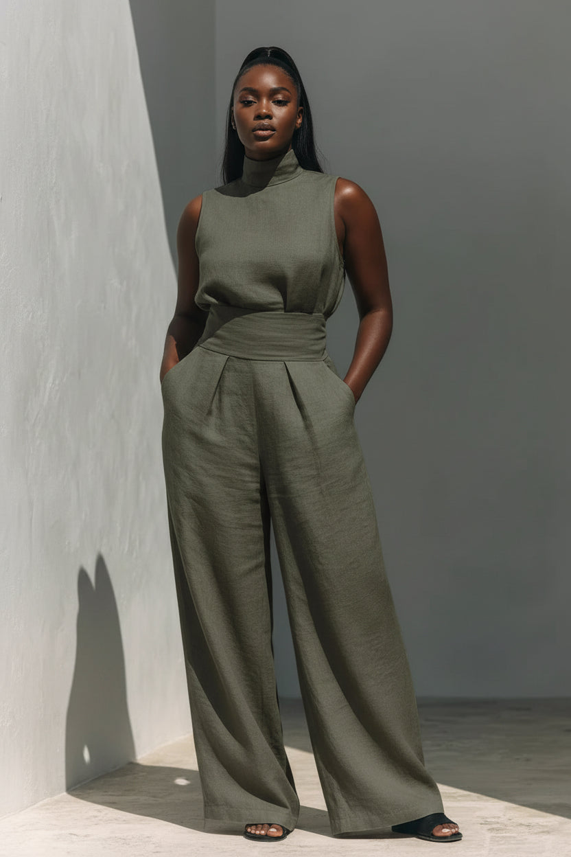 Spring Solid Color Elegant Women Simple Cotton Linen Blended Sleeveless Top Wide Leg - Modestly Vogue 