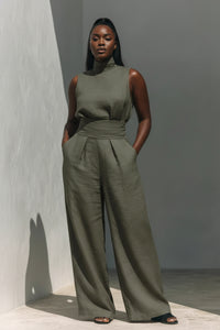 Spring Solid Color Elegant Women Simple Cotton Linen Blended Sleeveless Top Wide Leg - Modestly Vogue 