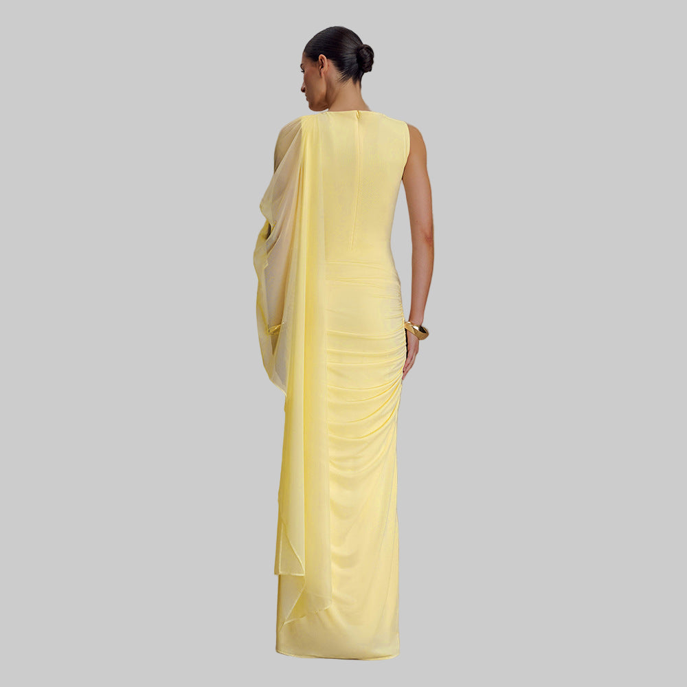 Fashionable Pleated Mesh Shawl Dress Sheath