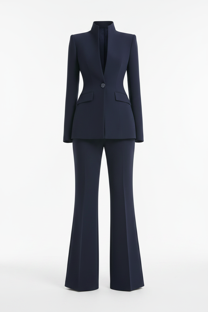 High End Stand Collar Single Button Slim Fit Figure Flattering Blazer with Bootcut Trousers Two Piece Sets