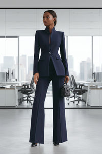 High End Stand Collar Single Button Slim Fit Figure Flattering Blazer with Bootcut Trousers Two Piece Sets - Modestly Vogue 