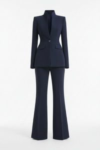 High End Stand Collar Single Button Slim Fit Figure Flattering Blazer with Bootcut Trousers Two Piece Sets
