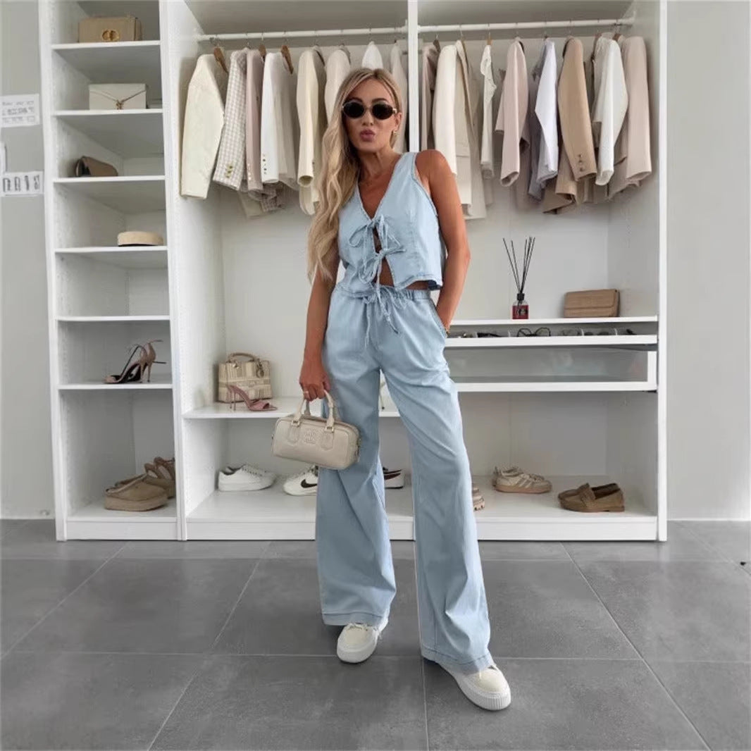 Women Spring Summer Sleeveless Lace up Vest Lace up Wide Leg Jeans Denim Set - Modestly Vogue 