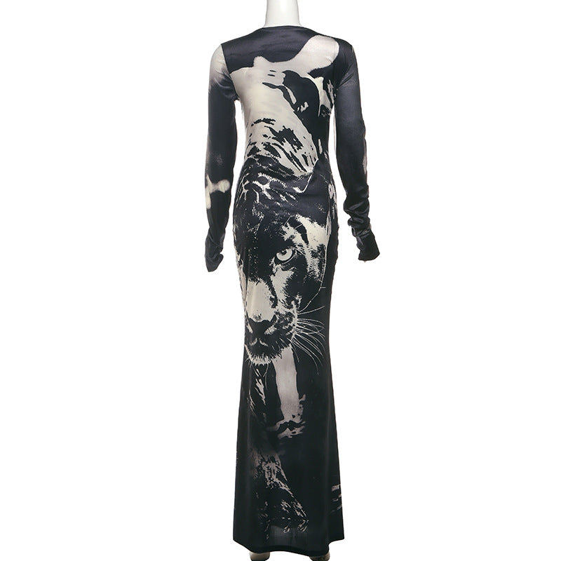 Animal Print Round Neck Long Sleeve Maxi Dress - Modestly Vogue 