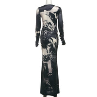 Animal Print Round Neck Long Sleeve Maxi Dress - Modestly Vogue 