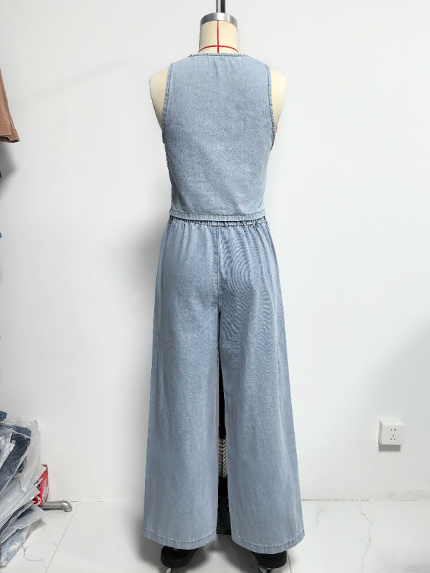 Women Spring Summer Sleeveless Lace up Vest Lace up Wide Leg Jeans Denim Set - Modestly Vogue 