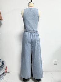Women Spring Summer Sleeveless Lace up Vest Lace up Wide Leg Jeans Denim Set - Modestly Vogue 