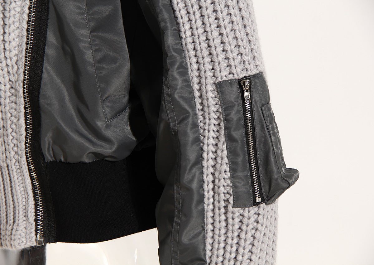 Women’s Asymmetric Knitted Varsity Jacket – Autumn Winter Coat