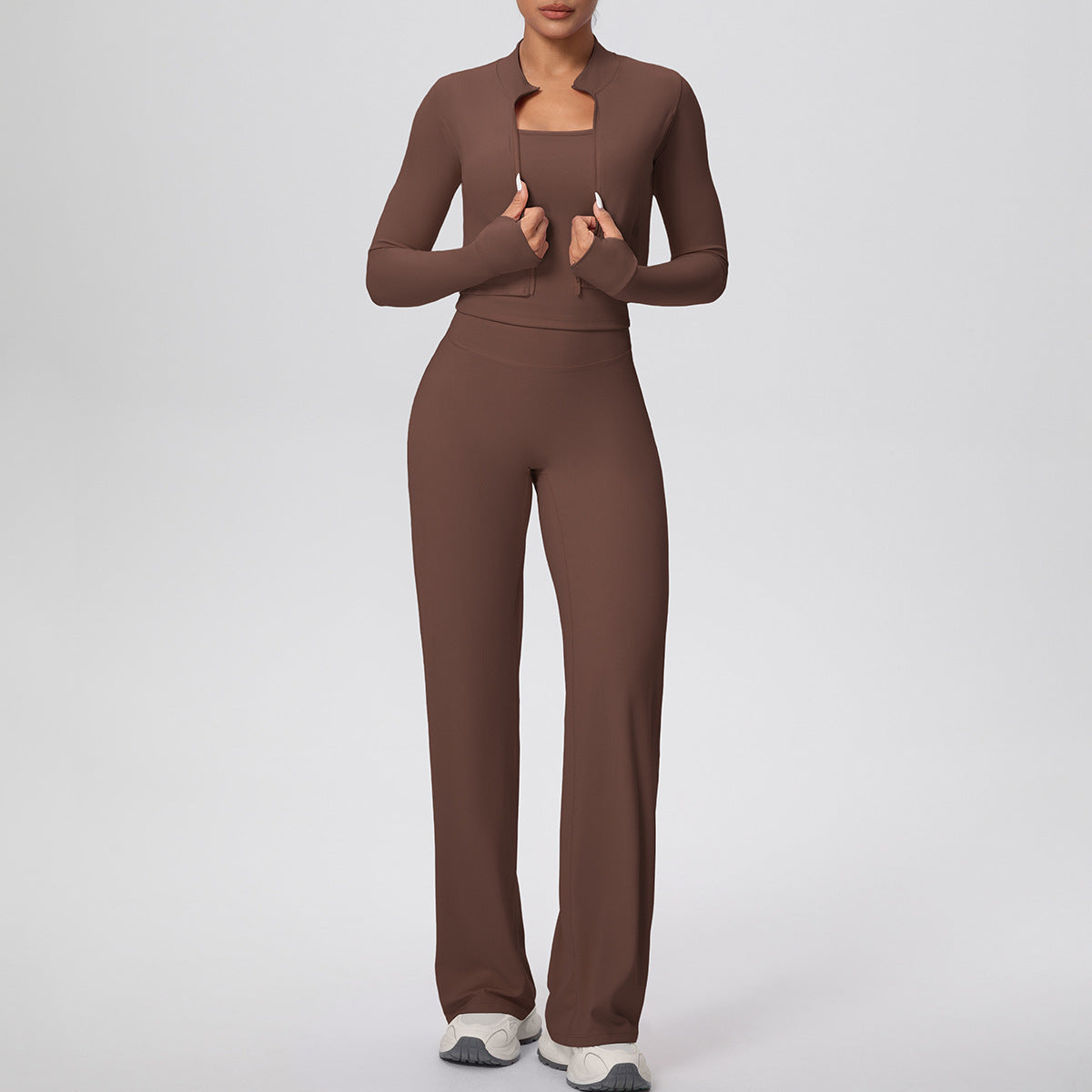 Solid Color Zip Long Sleeve Coat & Yoga Three-Piece Suit