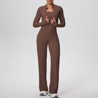 Solid Color Zip Long Sleeve Coat & Yoga Three-Piece Suit