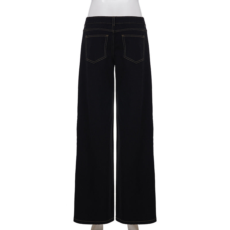 Retro Street Straight Low Waist Casual Jeans Women Arrival Basic Dark Blue Pants