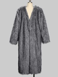 Collarless Faux Fur Coat Long Plush Coat - Modestly Vogue 