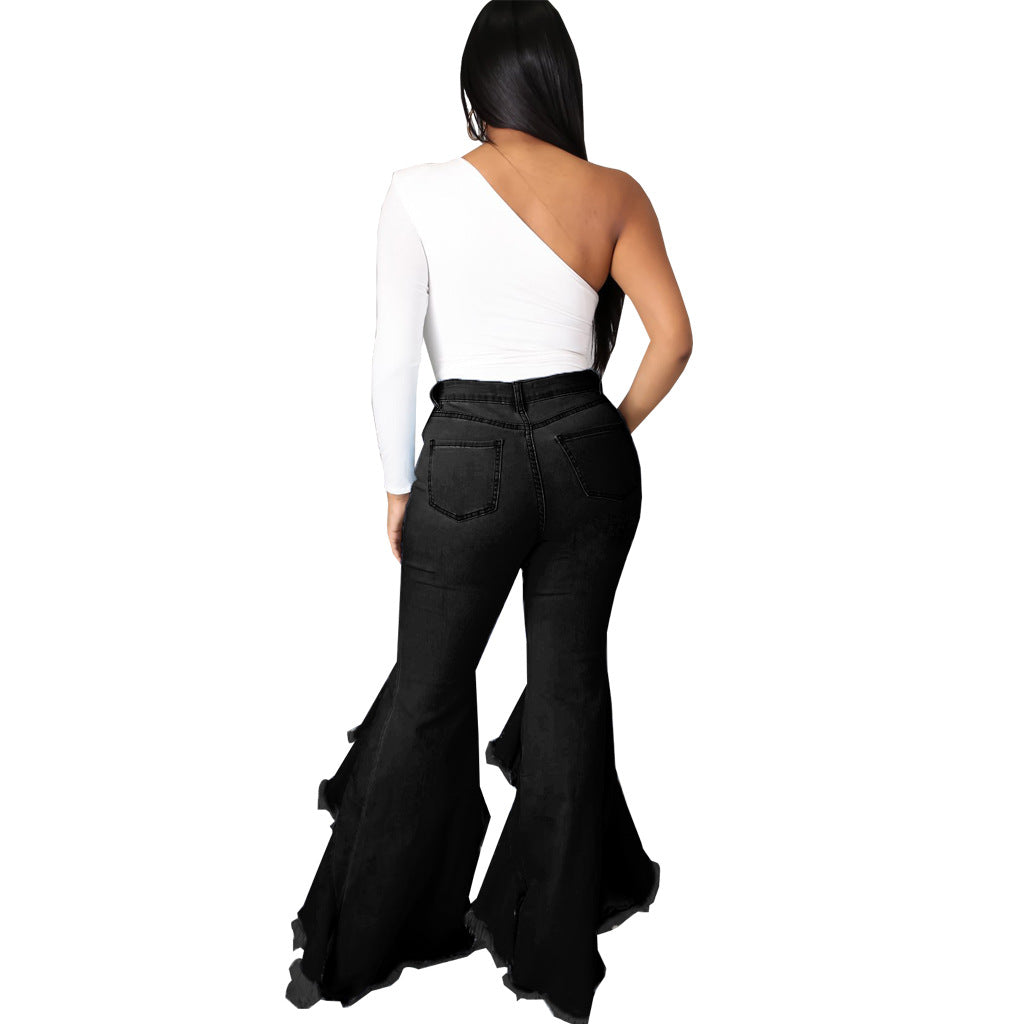 Ripped Washed Denim Stretch Slim Bell Bottom Jeans - Modestly Vogue 