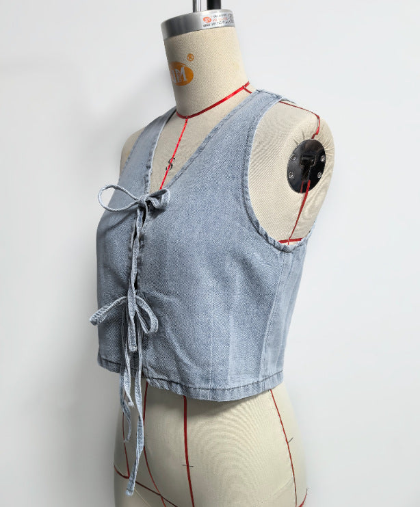 Women Spring Summer Sleeveless Lace up Vest Lace up Wide Leg Jeans Denim Set - Modestly Vogue 