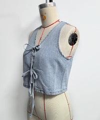 Women Spring Summer Sleeveless Lace up Vest Lace up Wide Leg Jeans Denim Set - Modestly Vogue 
