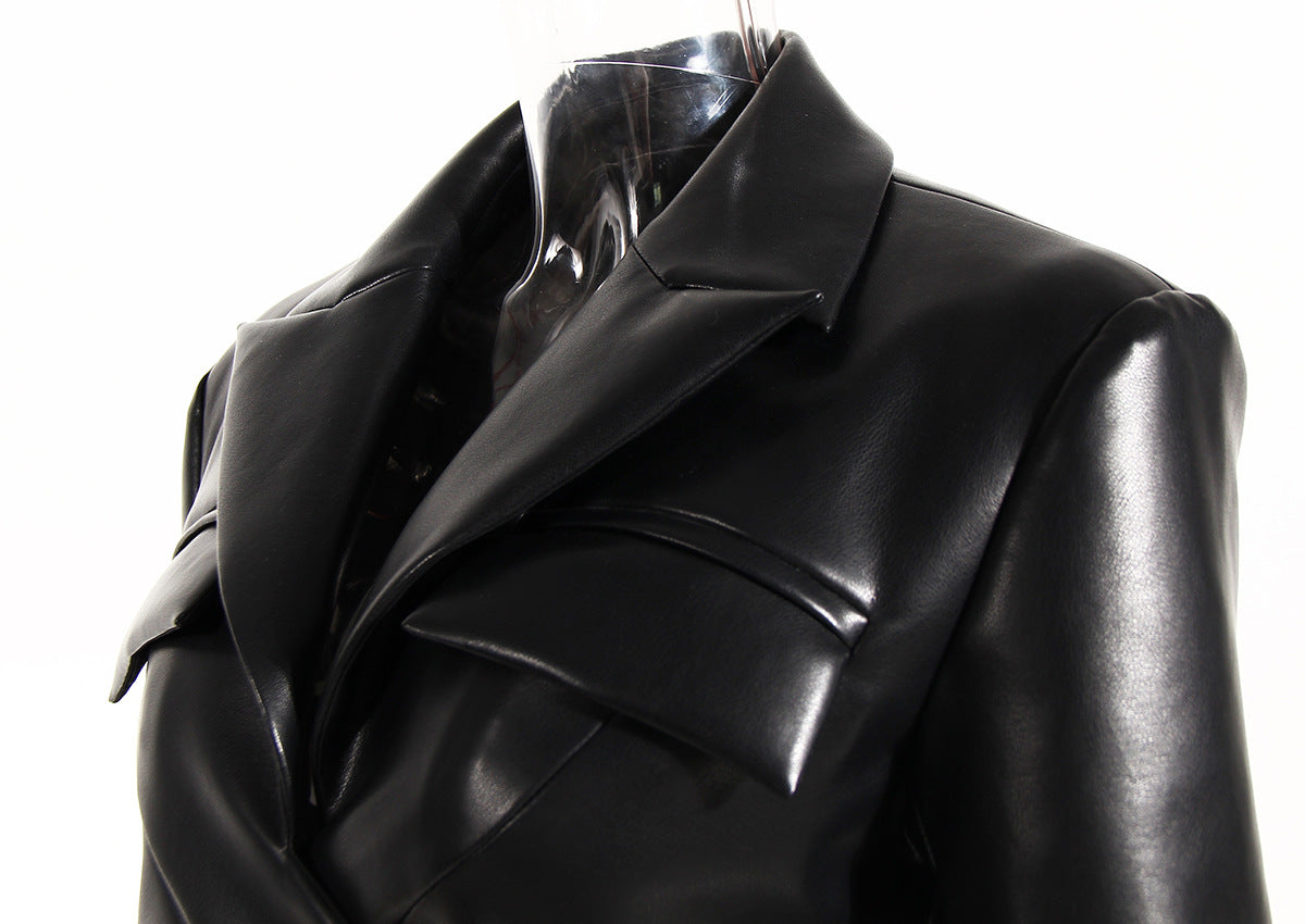 Black Field Full Open Criss Cross Lace Up Waist Controlled Show Chest Long Sleeve Faux Leather Short Coat Women
