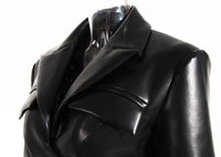 Black Field Full Open Criss Cross Lace Up Waist Controlled Show Chest Long Sleeve Faux Leather Short Coat Women