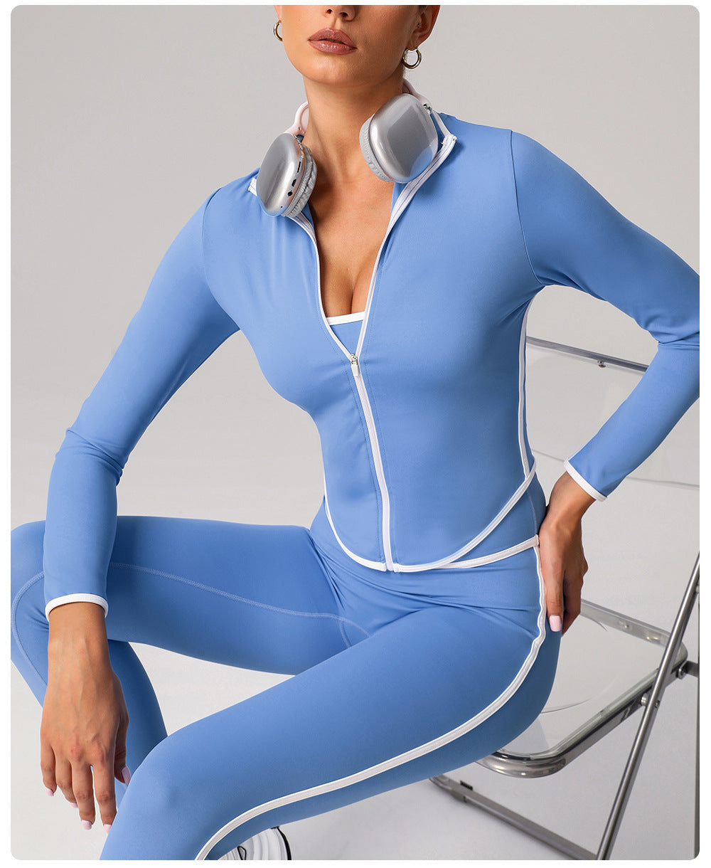 Contrast Color Yoga Jacket – Long Sleeve Stand Collar Workout Top