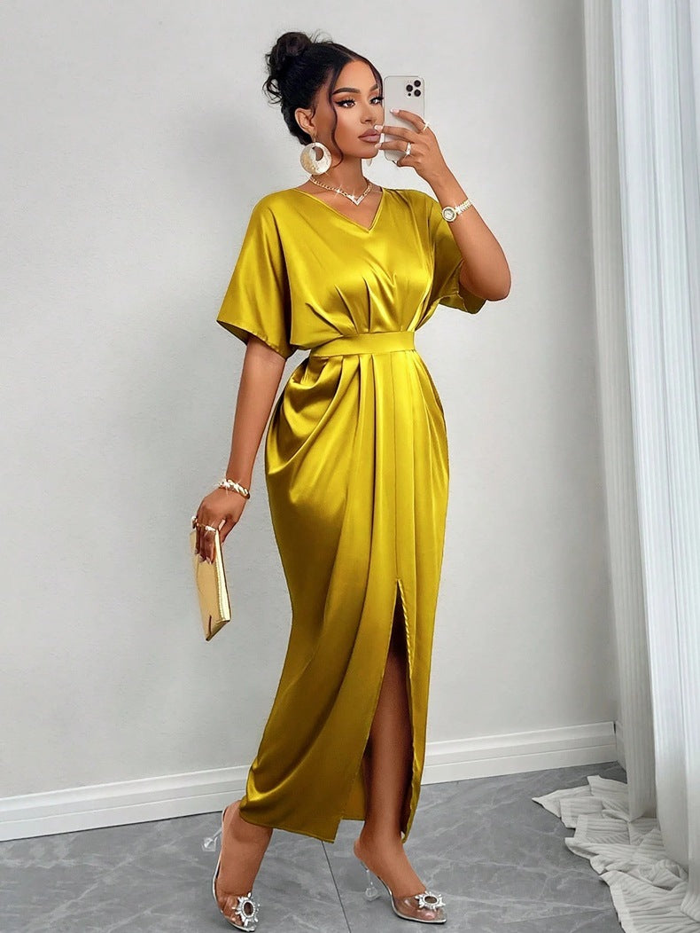 Women Clothing Early Autumn Satin Dress Ball Gown Satin Waist Tight Maxi Dress - Modestly Vogue 