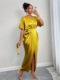 Women Clothing Early Autumn Satin Dress Ball Gown Satin Waist Tight Maxi Dress - Modestly Vogue 
