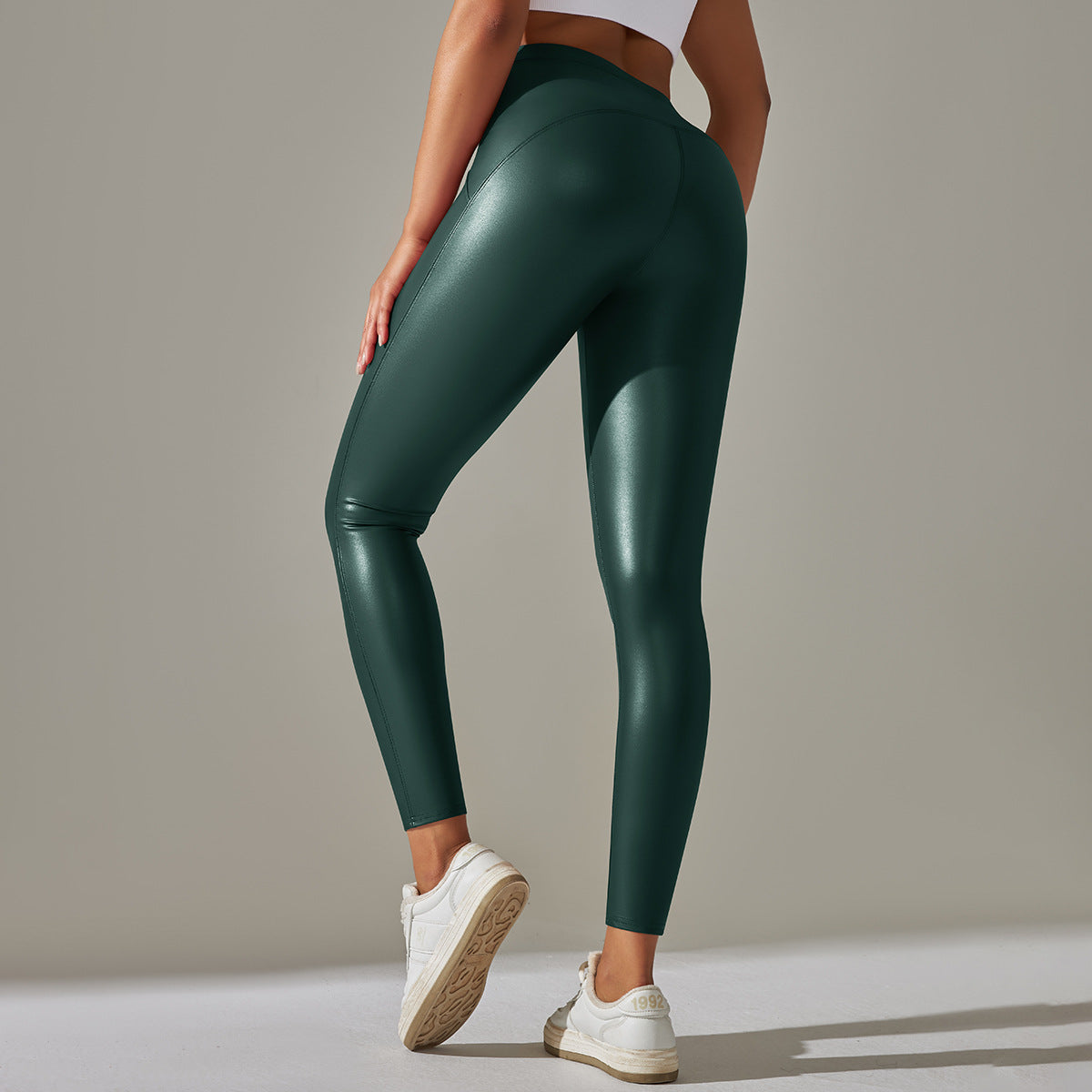 Faux Leather High Waist Solid Color Running Fitness Yoga Pants Leggings - Modestly Vogue 