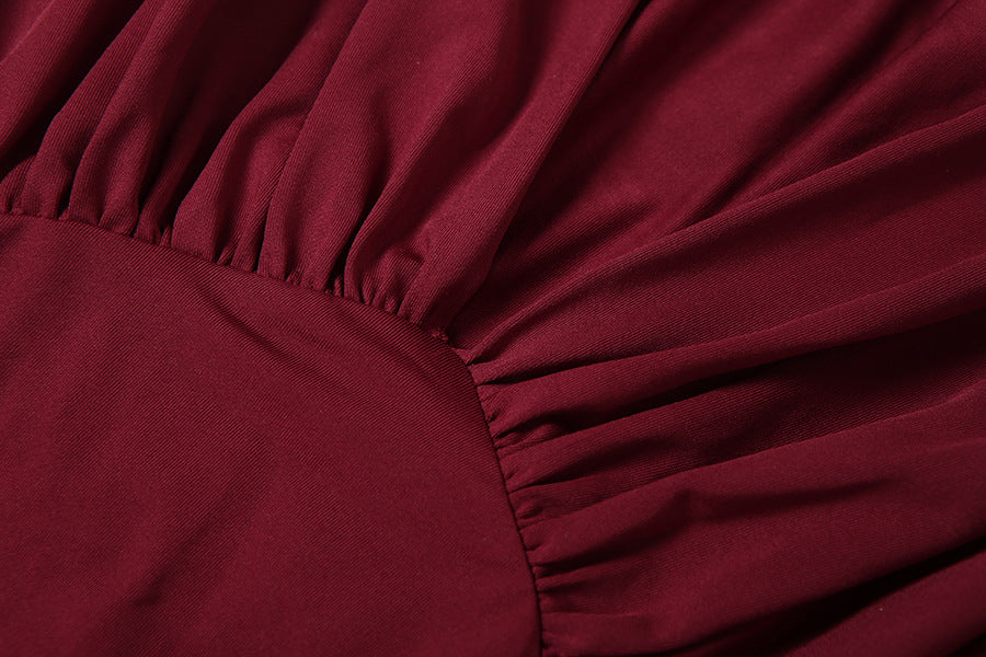 Elegant Pleated Waistline Slimming  V Neck Long Maxi Dress - Modestly Vogue 