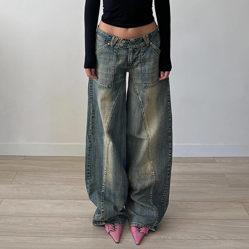 Distressed Split Pocket Jeans Low Waist Wide Leg Jeans - Modestly Vogue 