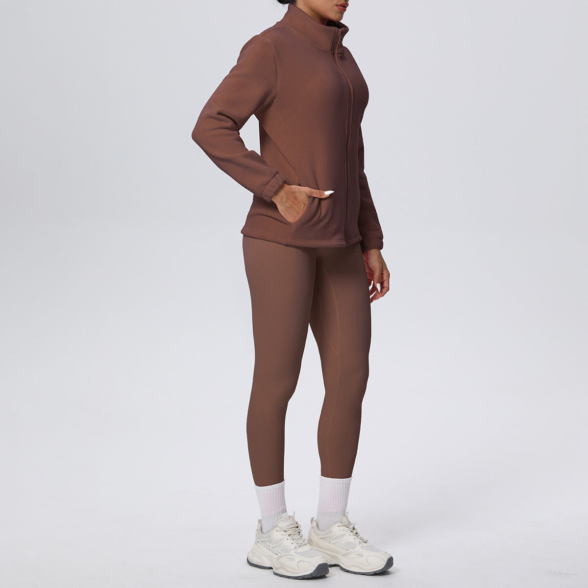 Women’s High Waist Yoga Suit with Long Sleeve Fleece Zipper Coat