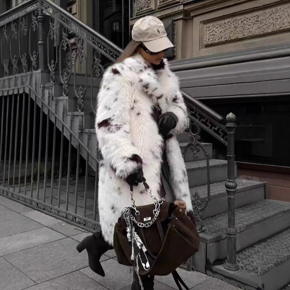Faux Fur Coat Cow Point Printing Fox Fur Coat Extended Winter Environmental Protection Fur Coat - Modestly Vogue 