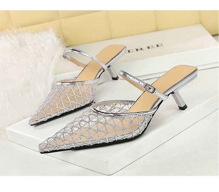 Mesh Lace Pointed Toe Stiletto Sandals Shoes Heels