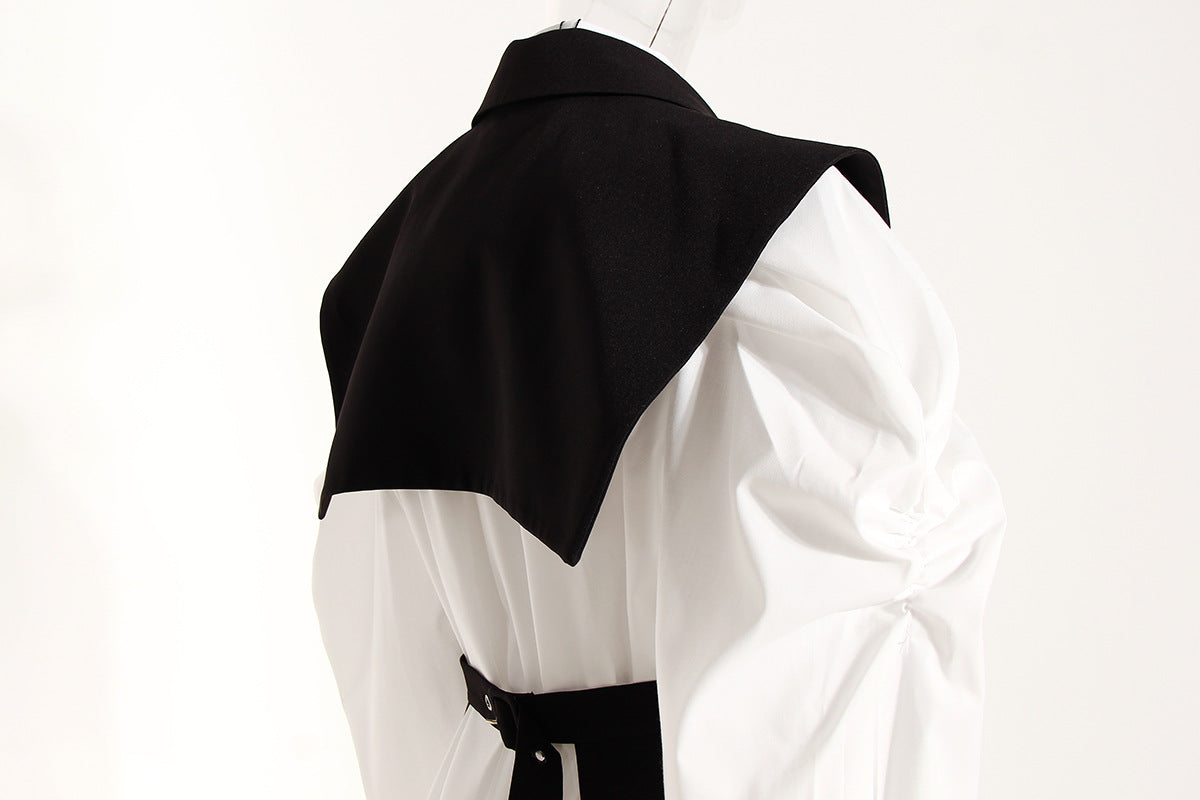 Black Elegant Outfit Slimming Puff Sleeve White Shirt Waist Trimming Lace up Two Piece Vest Set