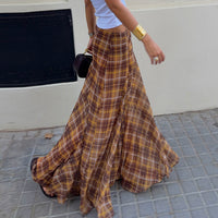 Retro Patchwork Plaid A line Long Skirt