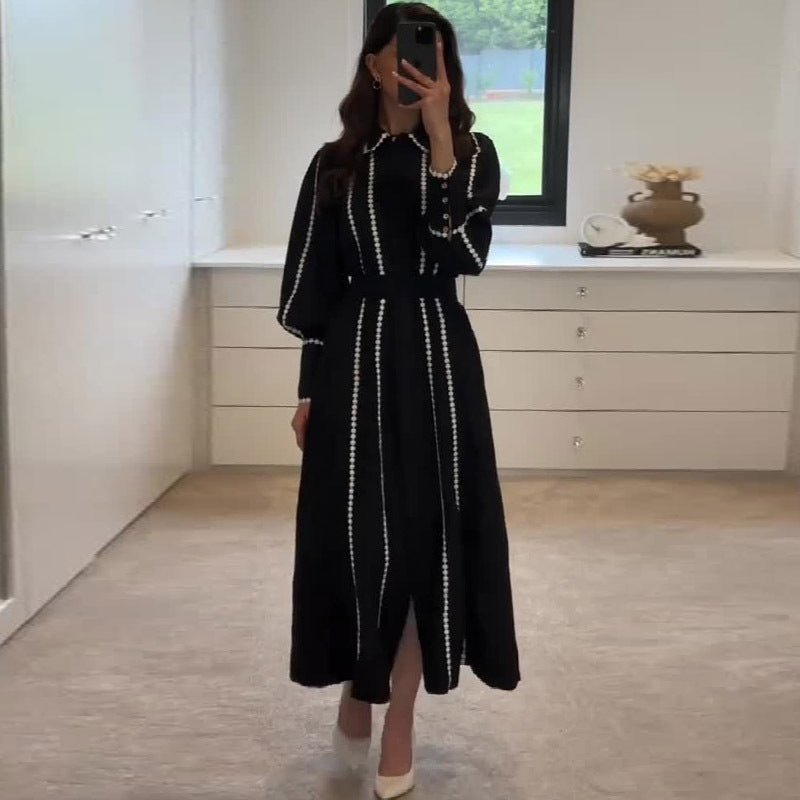 Fall French Lace Edge Collared Lantern Sleeve Single Row Dress