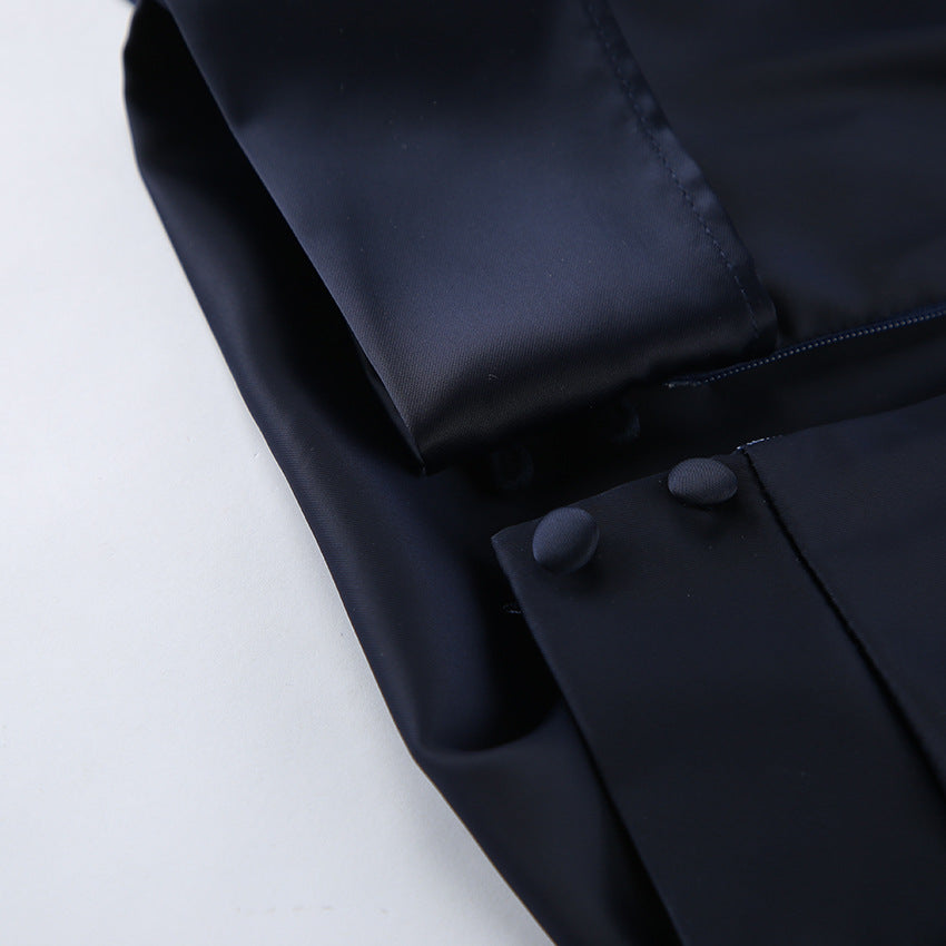 Autumn Winter Irregular Asymmetric Navy Blue Long-Sleeved Dress Women Slim Slimming Sheath - Modestly Vogue 