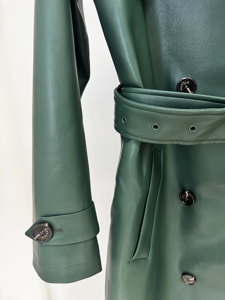 Double Breasted Belted Mid-Length Leather Trench Coat - Modestly Vogue 