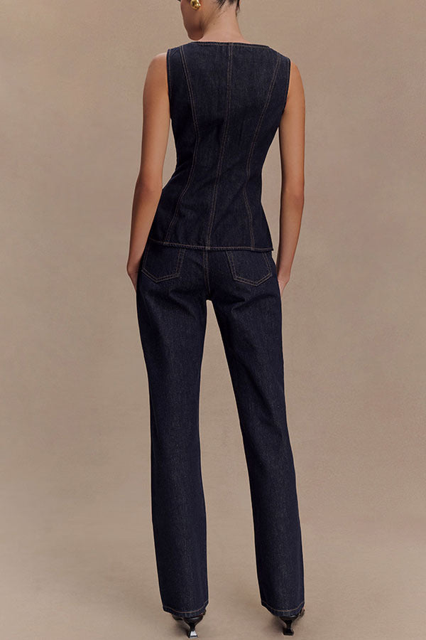 Women Modern Button High Waist Denim Top Trousers Set - Modestly Vogue 