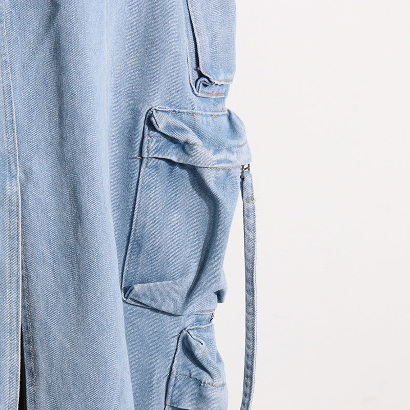 Distressed Retro Washed Denim Skirt – High Waist Multi-Pocket - Modestly Vogue 