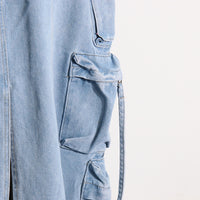 Distressed Retro Washed Denim Skirt – High Waist Multi-Pocket - Modestly Vogue 