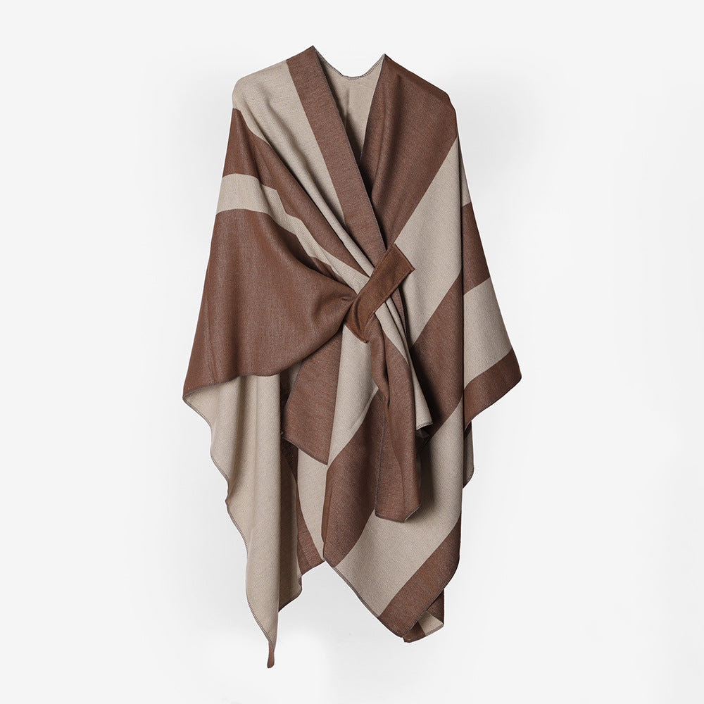 Double Sided Cape Shawl Outer Wear Women Striped Bar Shawl High Sense Cape Shawl