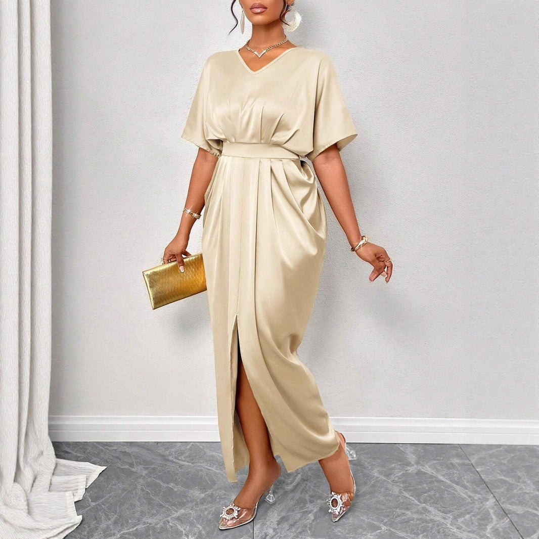 Women Clothing Early Autumn Satin Dress Ball Gown Satin Waist Tight Maxi Dress - Modestly Vogue 