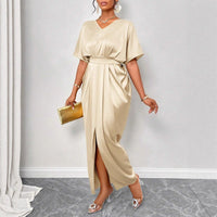 Women Clothing Early Autumn Satin Dress Ball Gown Satin Waist Tight Maxi Dress - Modestly Vogue 