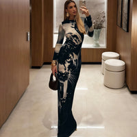 Animal Print Round Neck Long Sleeve Maxi Dress - Modestly Vogue 