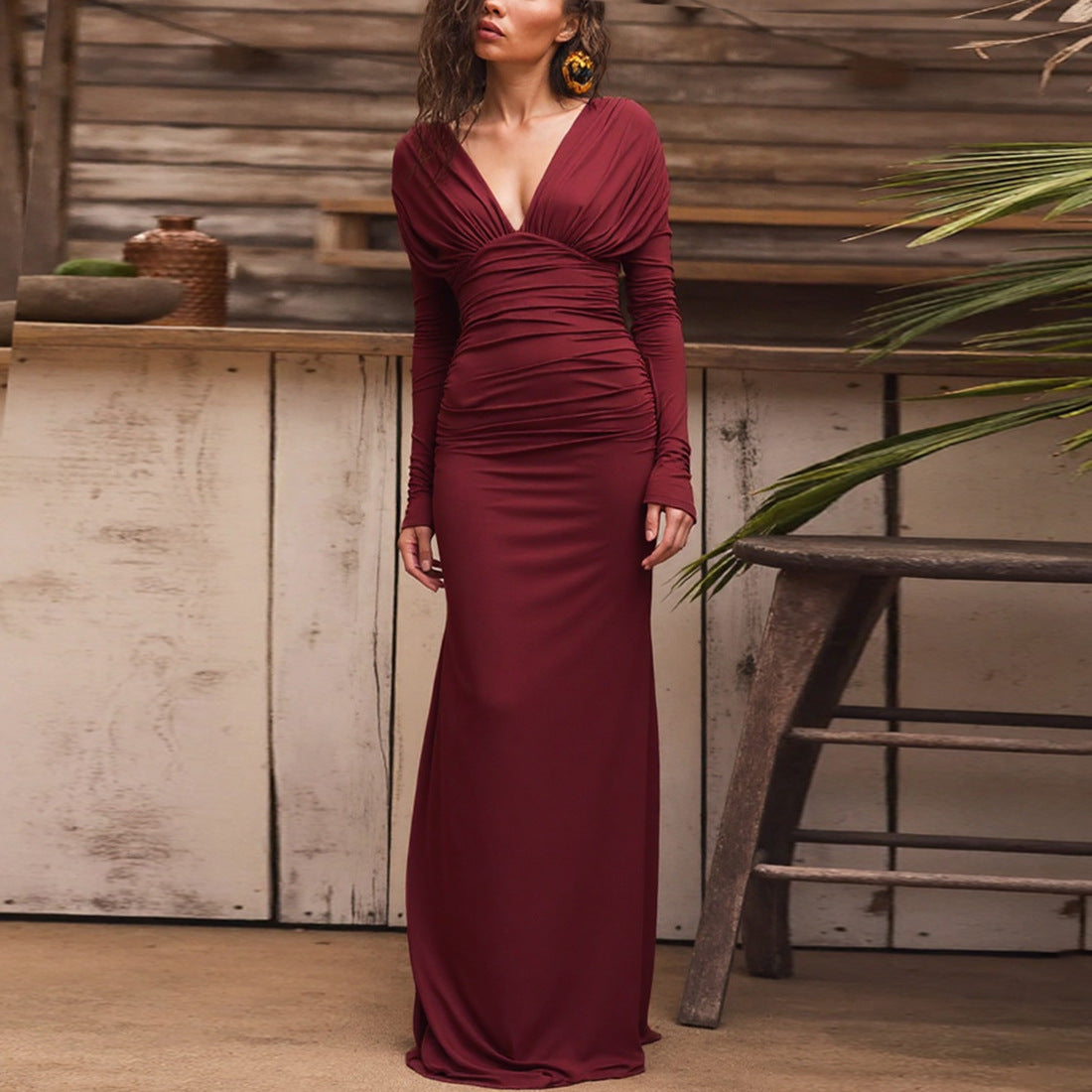 Elegant Pleated Waistline Slimming  V Neck Long Maxi Dress - Modestly Vogue 