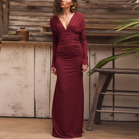 Elegant Pleated Waistline Slimming  V Neck Long Maxi Dress - Modestly Vogue 