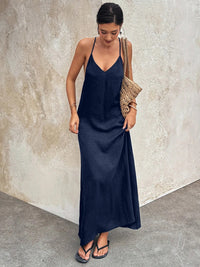 Casual Solid Color V neck Backless Sexy Sleeveless Strap Elegant Dress - Modestly Vogue 
