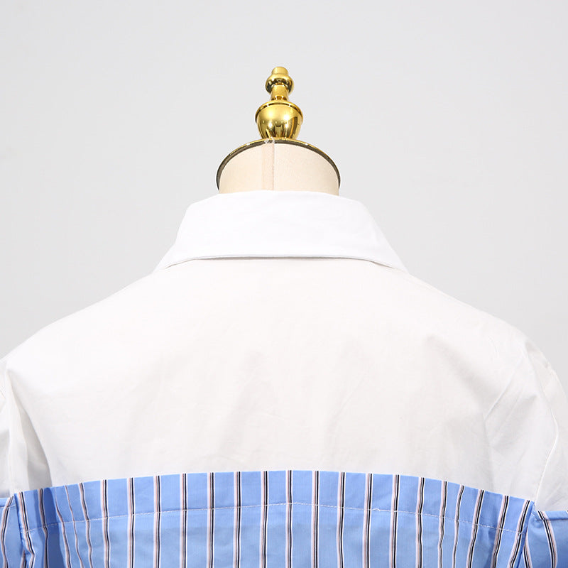 Blue Simple Office Top Women Summer Comfort Faux Two Pieces Casual Striped High Grade Women Shirt - Modestly Vogue 