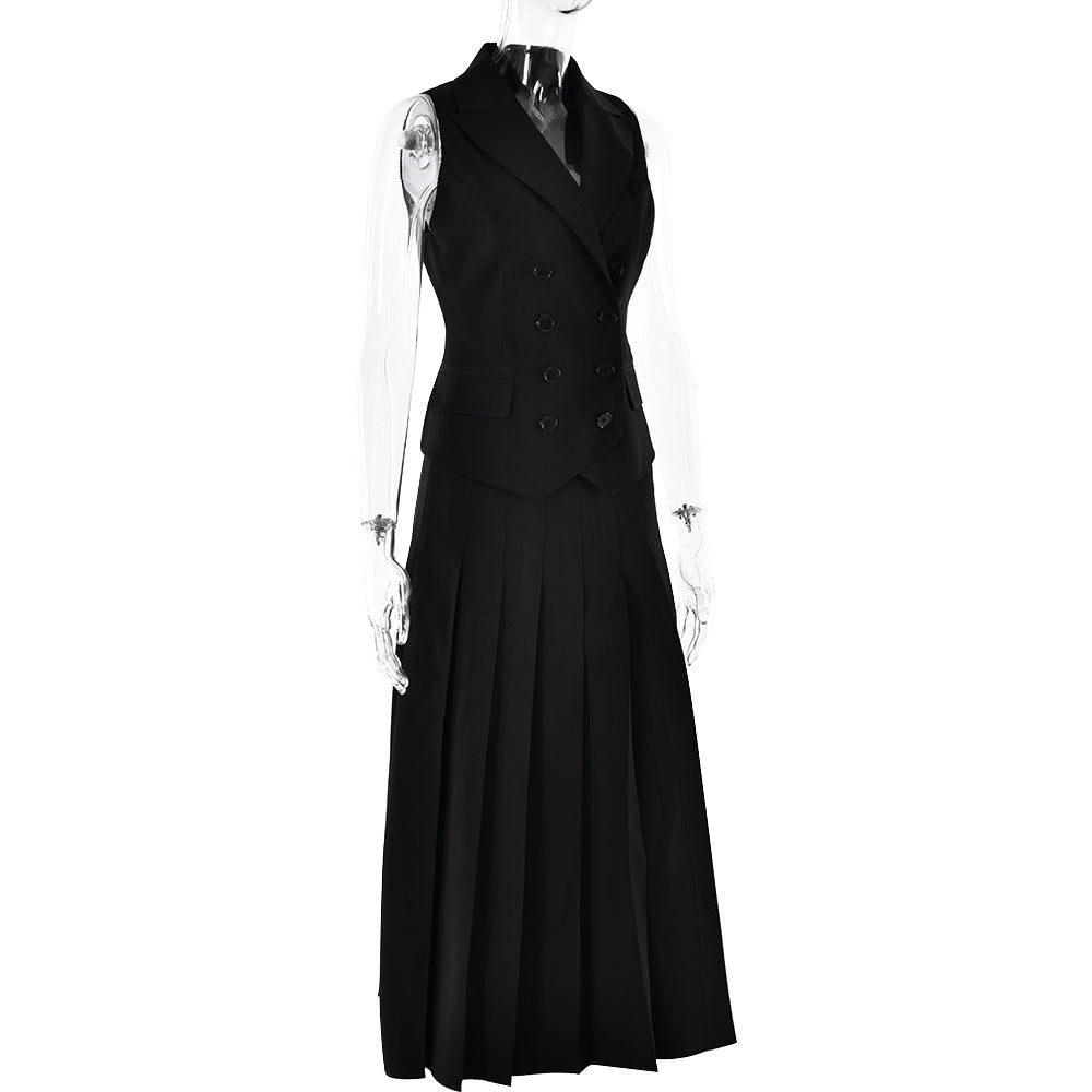 Neutral Autumn Elegant Maxi Skirt Sleeveless Vest Pleated Dress Two Piece Set - Modestly Vogue 