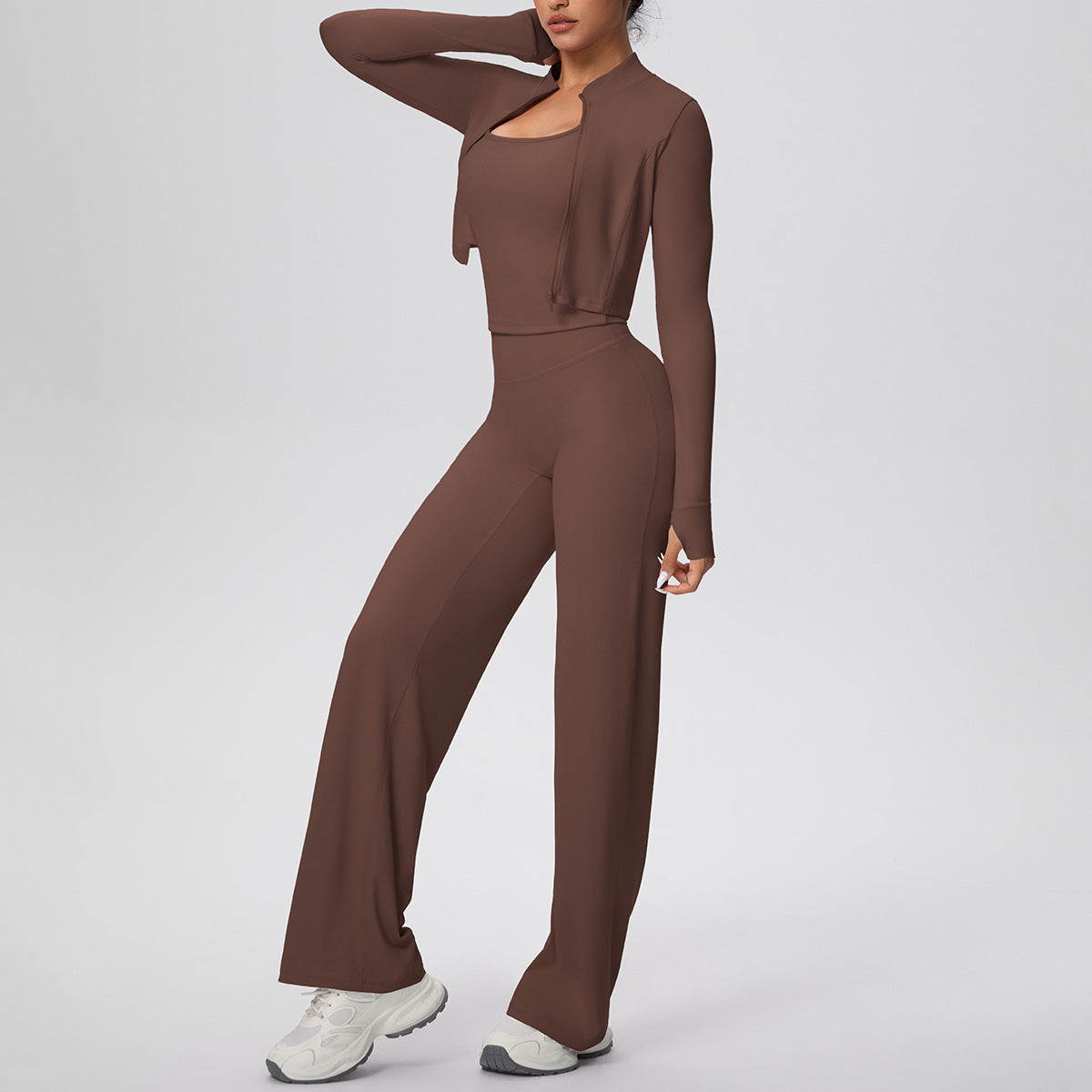 Solid Color Zip Long Sleeve Coat & Yoga Three-Piece Suit