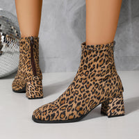 Women’s Leopard Print Suede Chunky Heel Ankle Boots