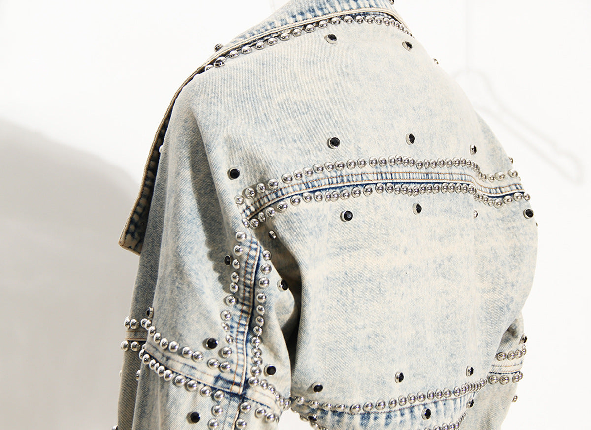 Blue Shawl Denim Coat Women Spring Short Jacket Loose Long Sleeve Heavy Industry Rivet Thin Denim Top - Modestly Vogue 